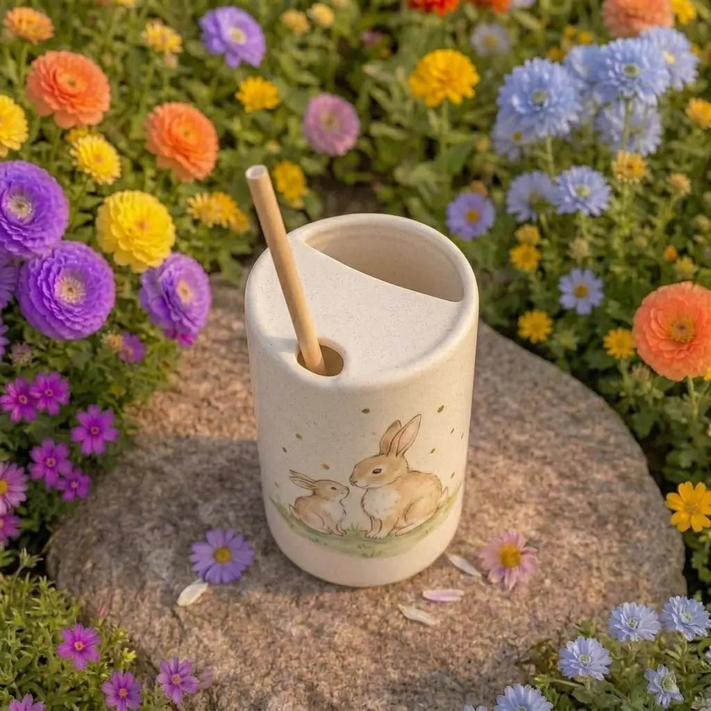 Cute Bunny Ceramic Mug with Straw | Cozy Rabbit Coffee Cup | Handmade Cottagecore Tea Mug Gift Siporia