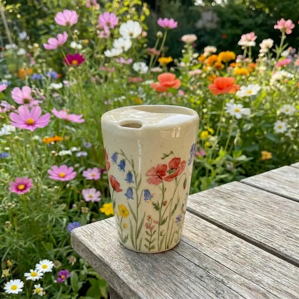 Wildflower Ceramic Travel Mug with Spout – Handmade Floral Coffee Tumbler, Leak-Free Sip Cup, Gift for Her Siporia