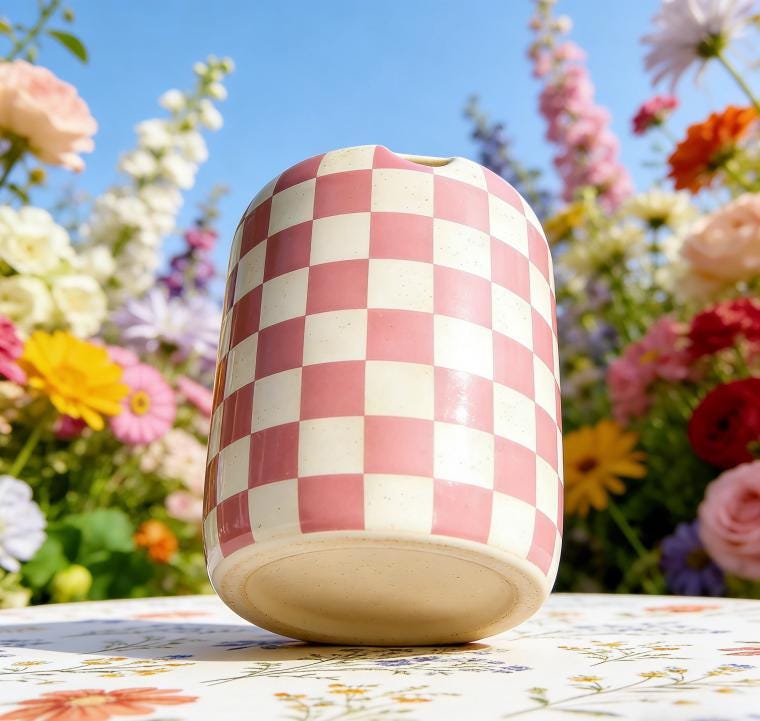 Pink Checkered Ceramic Travel Mug with Spout – Handmade Coffee Tumbler, Leak-Free Sip Cup, Aesthetic Gift for Her