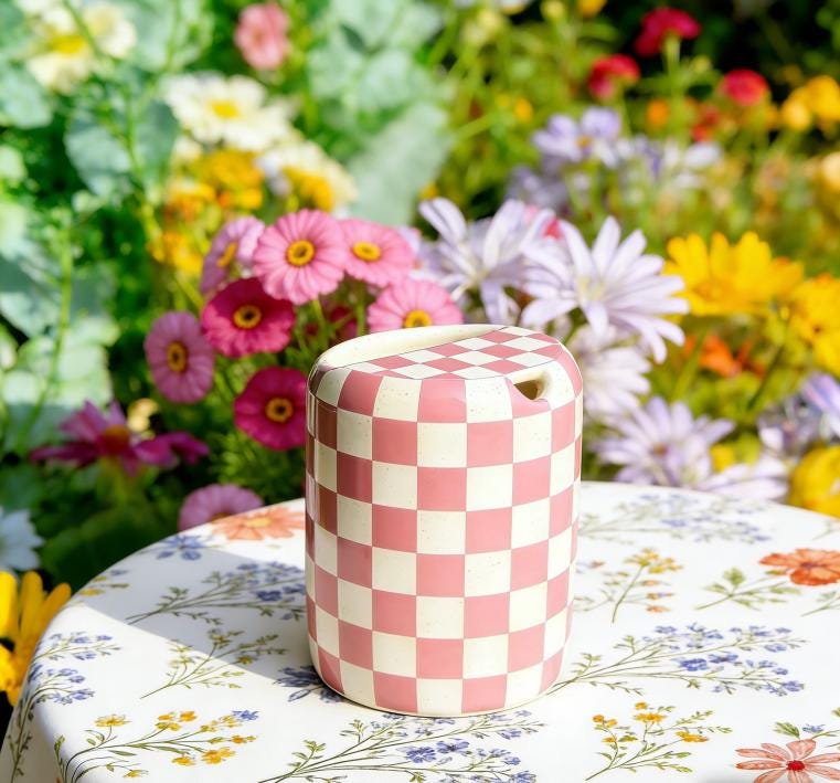 Pink Checkered Ceramic Travel Mug with Spout – Handmade Coffee Tumbler, Leak-Free Sip Cup, Aesthetic Gift for Her