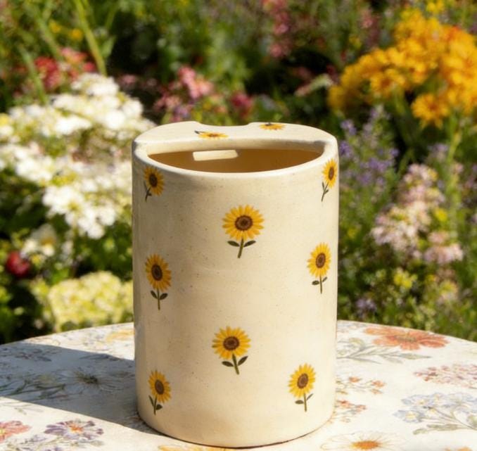 Sunflower Ceramic Travel Mug with Spout – Handmade Floral Coffee Tumbler, Leak-Free Sip Cup, Aesthetic Gift for Her