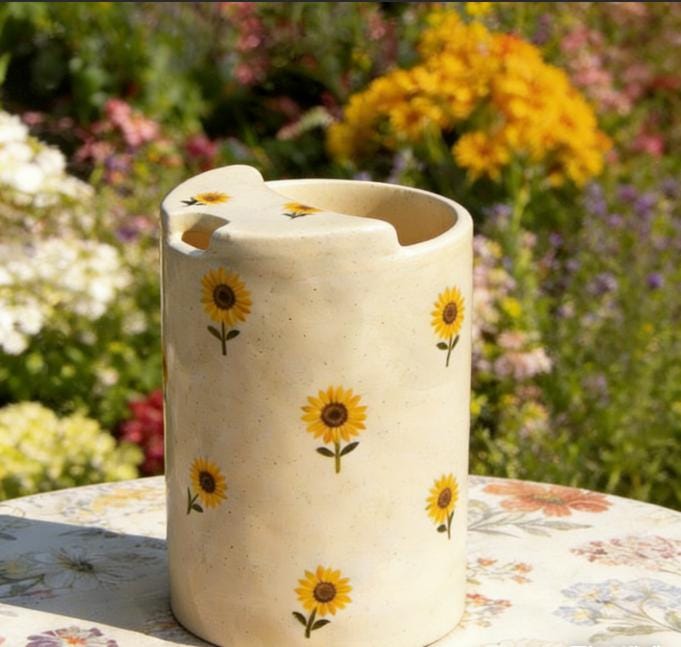 Sunflower Ceramic Travel Mug with Spout – Handmade Floral Coffee Tumbler, Leak-Free Sip Cup, Aesthetic Gift for Her