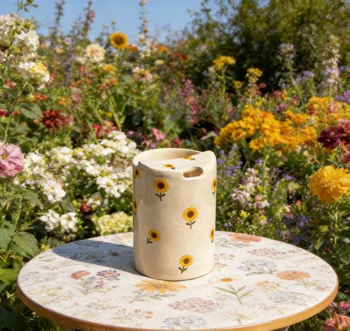 Sunflower Ceramic Travel Mug with Spout – Handmade Floral Coffee Tumbler, Leak-Free Sip Cup, Aesthetic Gift for Her