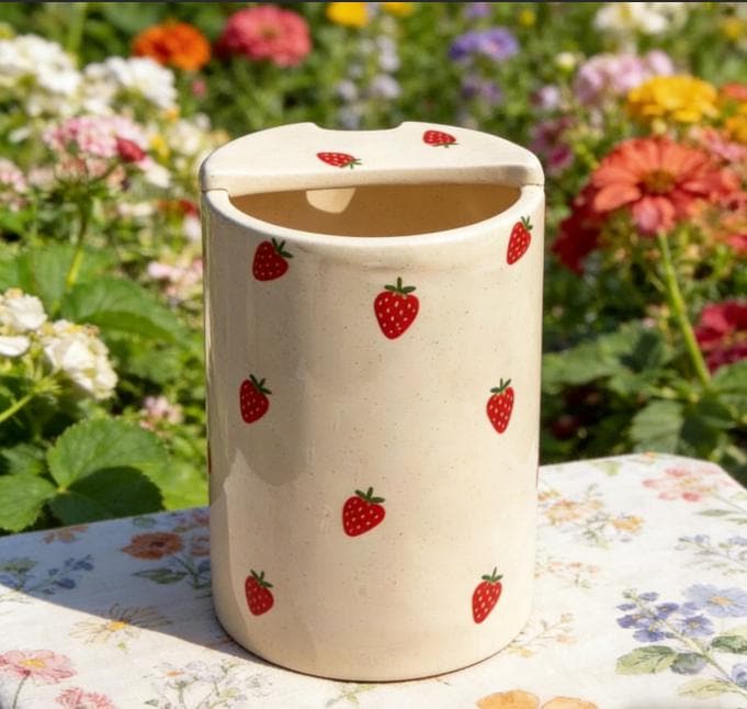 Strawberry Ceramic Travel Mug with Spout – Handmade Cute Coffee Tumbler, Leak-Free Sip Cup, Aesthetic Gift for Her