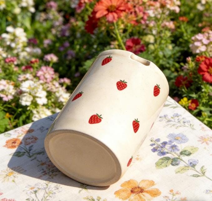 Strawberry Ceramic Travel Mug with Spout – Handmade Cute Coffee Tumbler, Leak-Free Sip Cup, Aesthetic Gift for Her