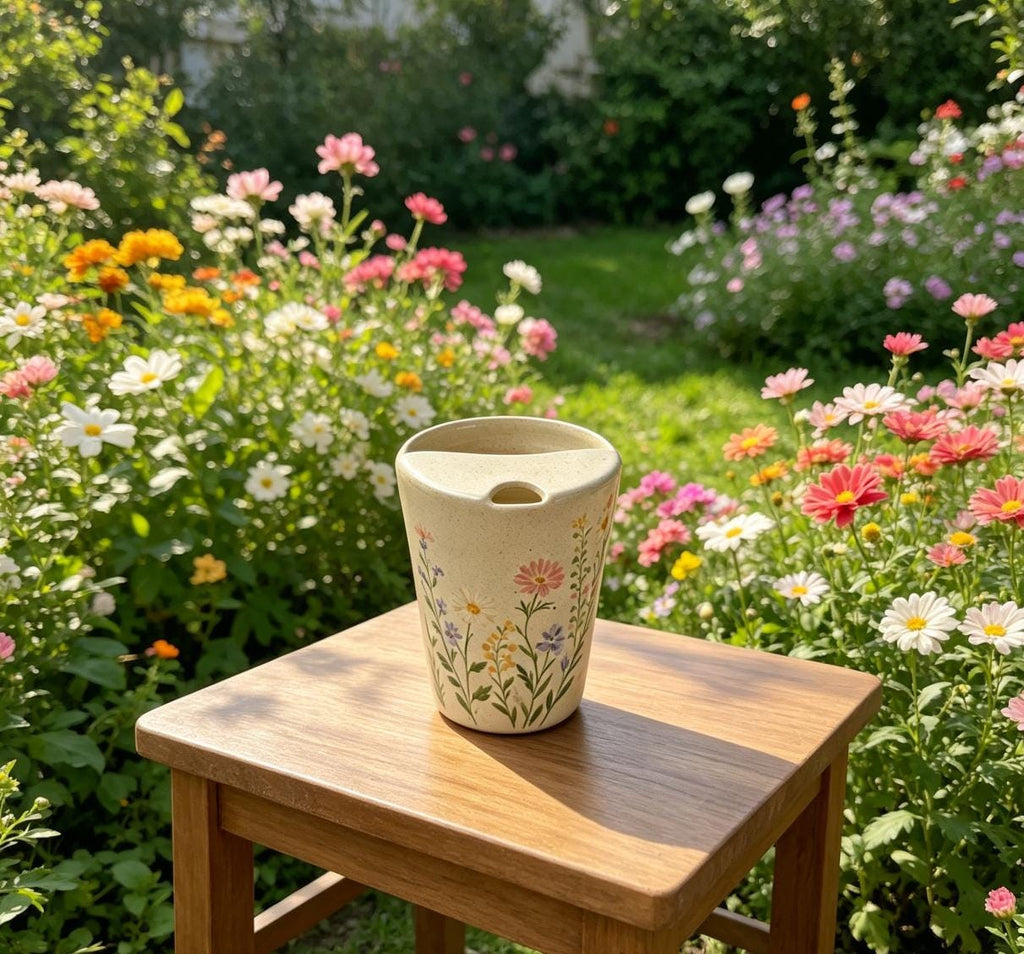 Wildflower Ceramic Travel Mug with Spout – Handmade Floral Coffee Tumbler, Leak-Free Sip Cup, Gift for Her