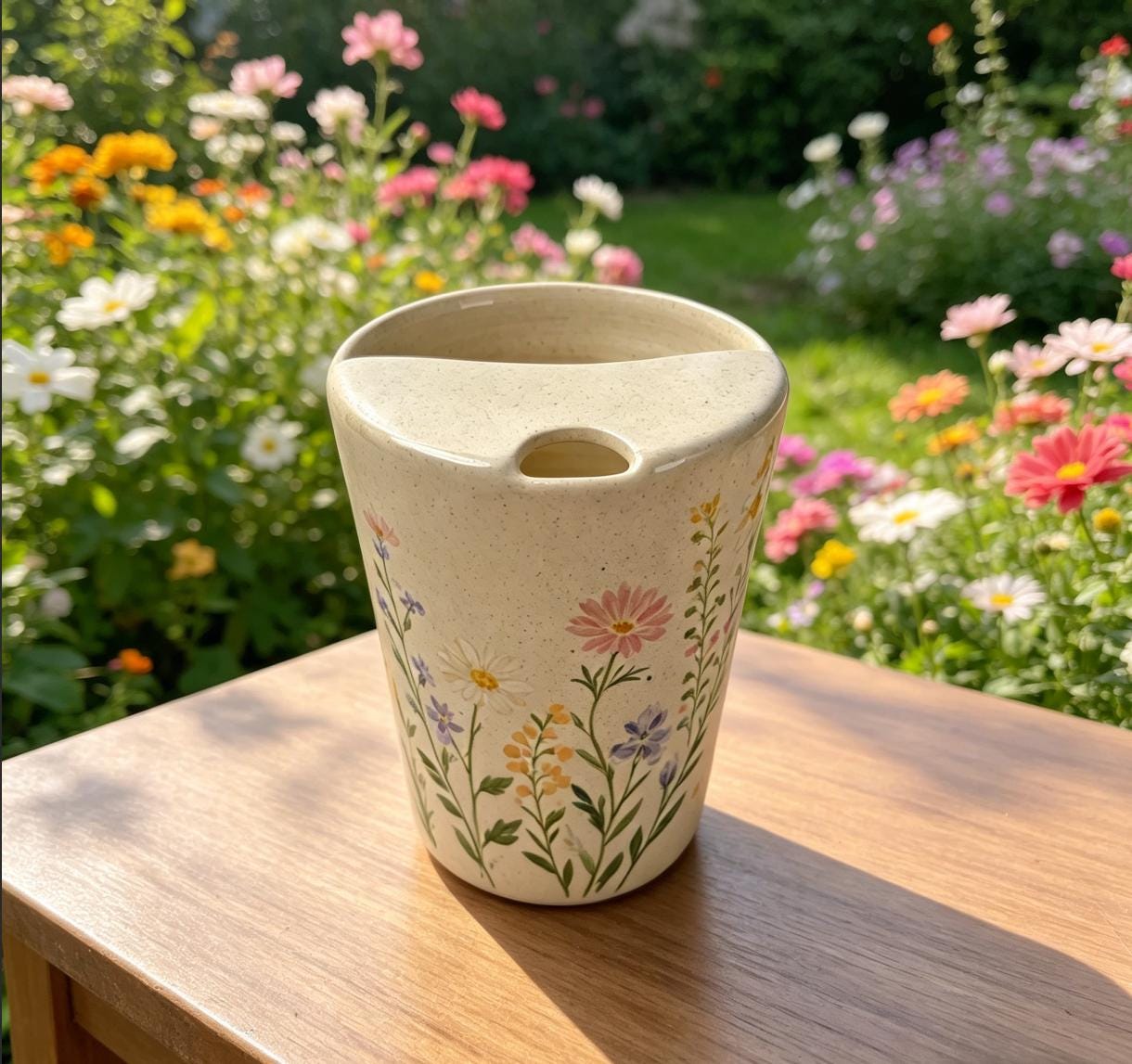 Wildflower Ceramic Travel Mug with Spout – Handmade Floral Coffee Tumbler, Leak-Free Sip Cup, Gift for Her