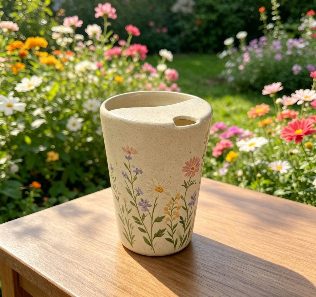 Wildflower Ceramic Travel Mug with Spout – Handmade Floral Coffee Tumbler, Leak-Free Sip Cup, Gift for Her