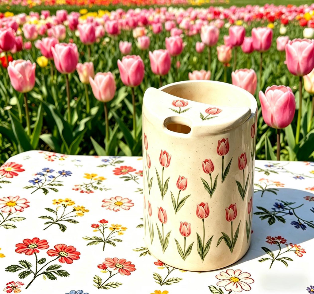 Tulip Floral Ceramic Travel Mug with Spout – Handmade Coffee Tumbler, Leak-Free Sip Cup, Aesthetic Gift for Her