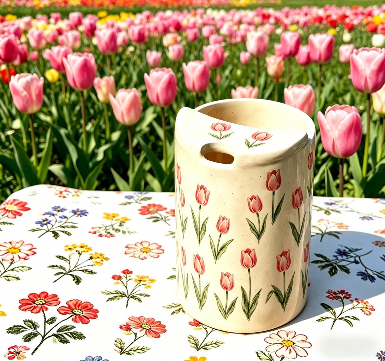 Tulip Floral Ceramic Travel Mug with Spout – Handmade Coffee Tumbler, Leak-Free Sip Cup, Aesthetic Gift for Her