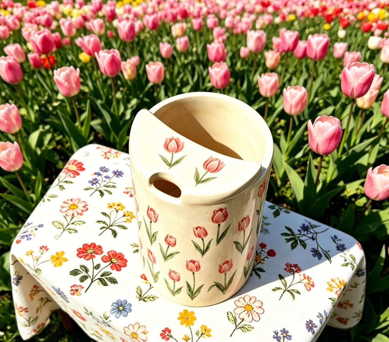 Tulip Floral Ceramic Travel Mug with Spout – Handmade Coffee Tumbler, Leak-Free Sip Cup, Aesthetic Gift for Her