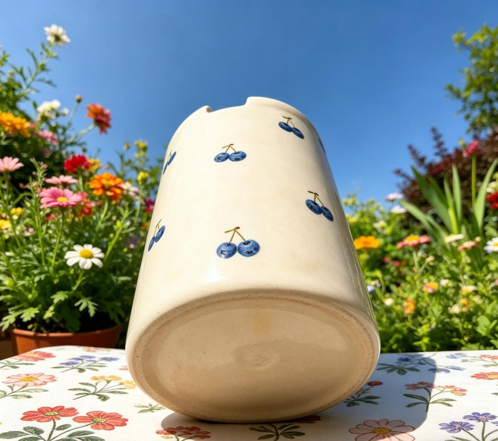 Cherry Print Ceramic Travel Mug with Spout – Handmade Coffee Tumbler, Leak-Free Sip Cup, Cute Gift for Her