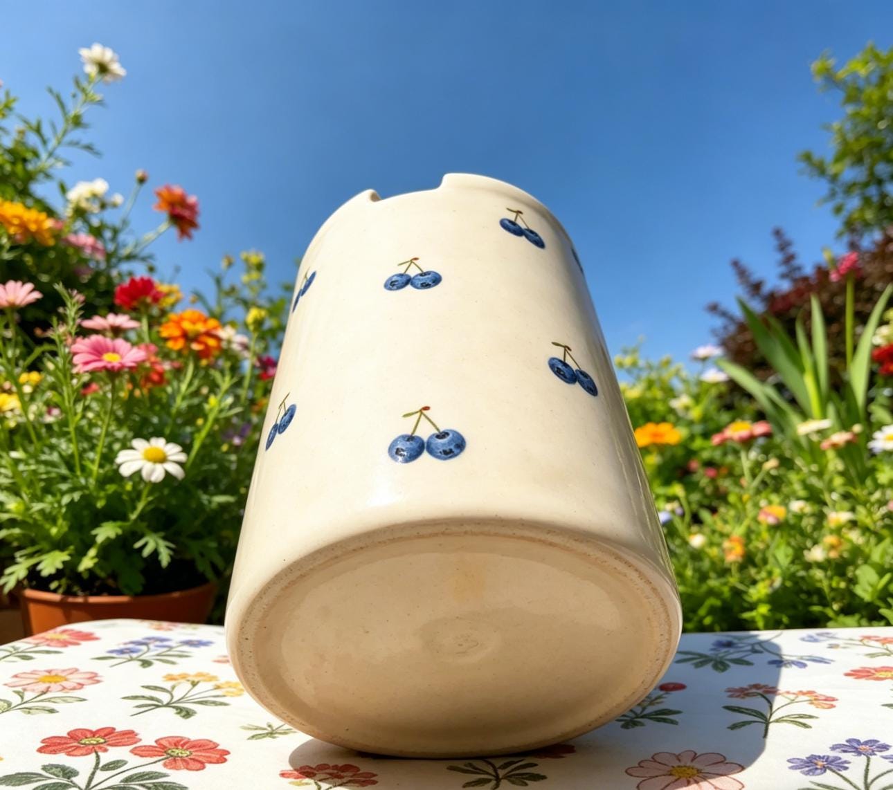 Cherry Print Ceramic Travel Mug with Spout – Handmade Coffee Tumbler, Leak-Free Sip Cup, Cute Gift for Her