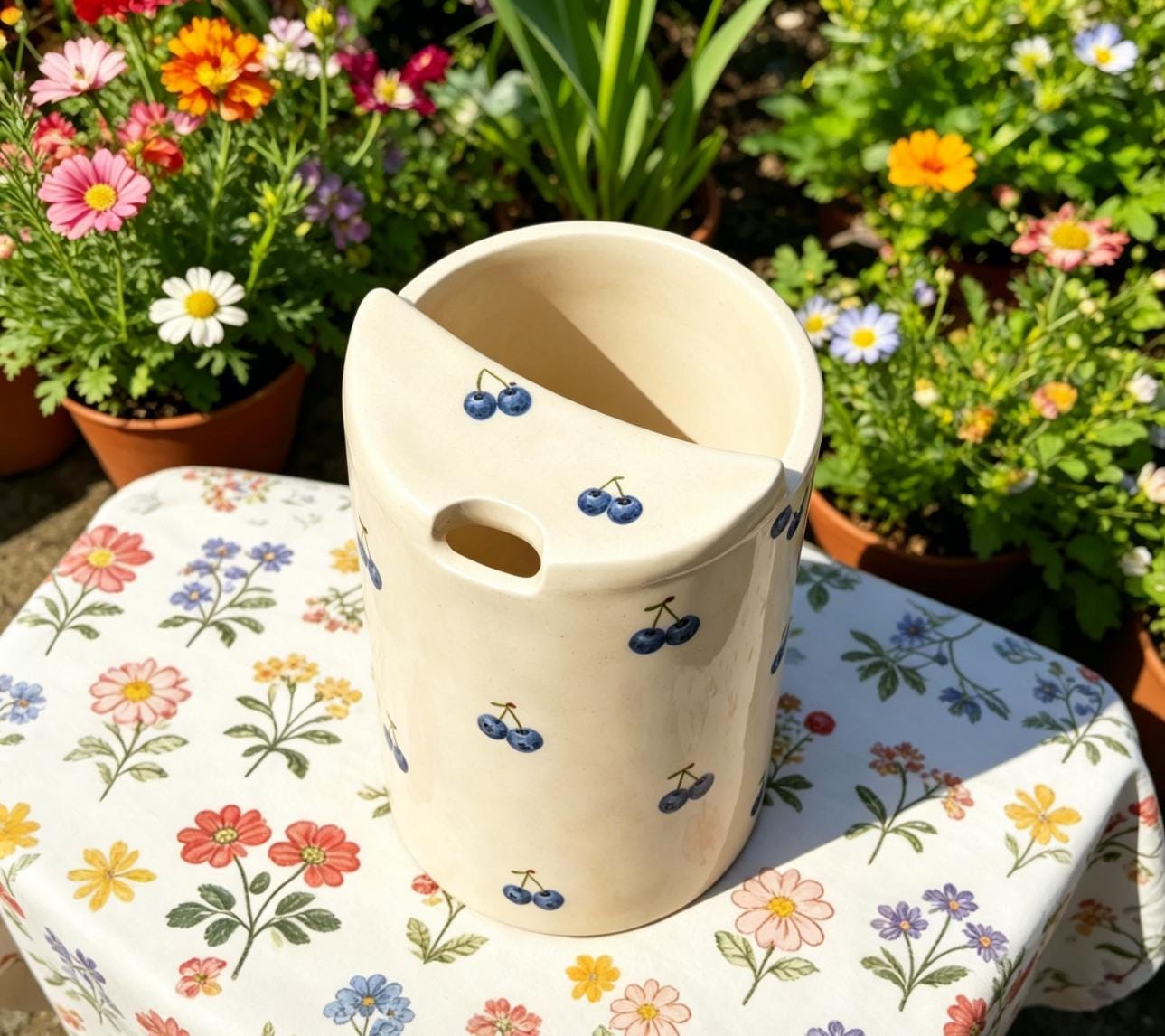 Cherry Print Ceramic Travel Mug with Spout – Handmade Coffee Tumbler, Leak-Free Sip Cup, Cute Gift for Her