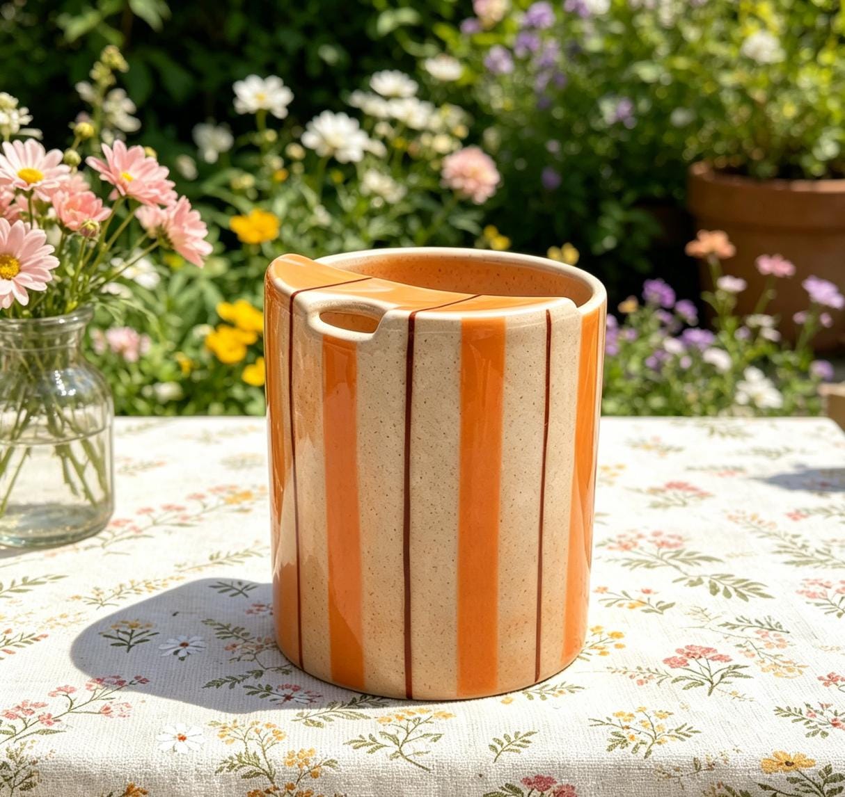 Striped Ceramic Travel Mug – Handmade Coffee Tumbler, Leak-Free Sip Cup, Minimalist Aesthetic Mug Gift