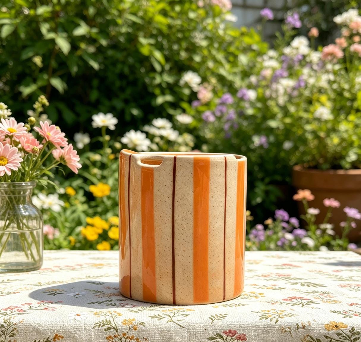 Striped Ceramic Travel Mug – Handmade Coffee Tumbler, Leak-Free Sip Cup, Minimalist Aesthetic Mug Gift