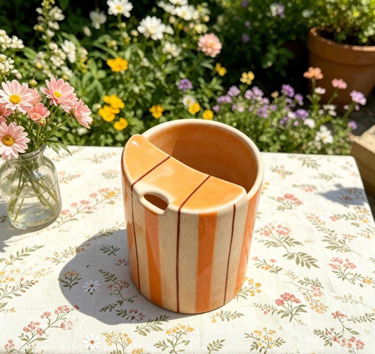 Striped Ceramic Travel Mug – Handmade Coffee Tumbler, Leak-Free Sip Cup, Minimalist Aesthetic Mug Gift