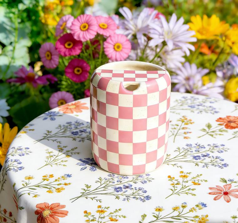 Pink Checkered Ceramic Travel Mug with Spout – Handmade Coffee Tumbler, Leak-Free Sip Cup, Aesthetic Gift for Her