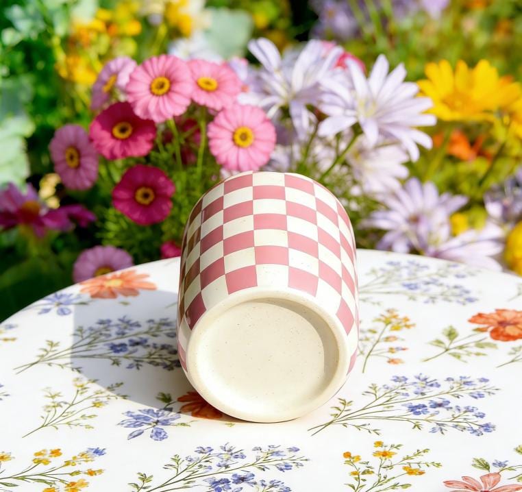 Pink Checkered Ceramic Travel Mug with Spout – Handmade Coffee Tumbler, Leak-Free Sip Cup, Aesthetic Gift for Her