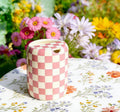 Pink Checkered Ceramic Travel Mug with Spout – Handmade Coffee Tumbler, Leak-Free Sip Cup, Aesthetic Gift for Her