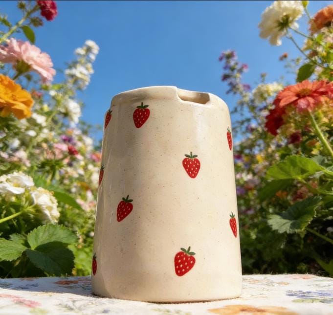 Strawberry Ceramic Travel Mug with Spout – Handmade Cute Coffee Tumbler, Leak-Free Sip Cup, Aesthetic Gift for Her