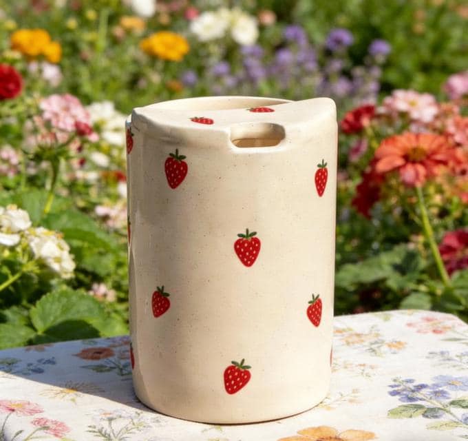 Strawberry Ceramic Travel Mug with Spout – Handmade Cute Coffee Tumbler, Leak-Free Sip Cup, Aesthetic Gift for Her