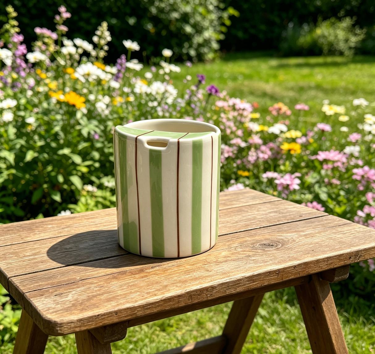 Handmade Ceramic Travel Mug with Spout – Striped Coffee Tumbler, Leak-Free Sip Cup, Unique Gift for Her
