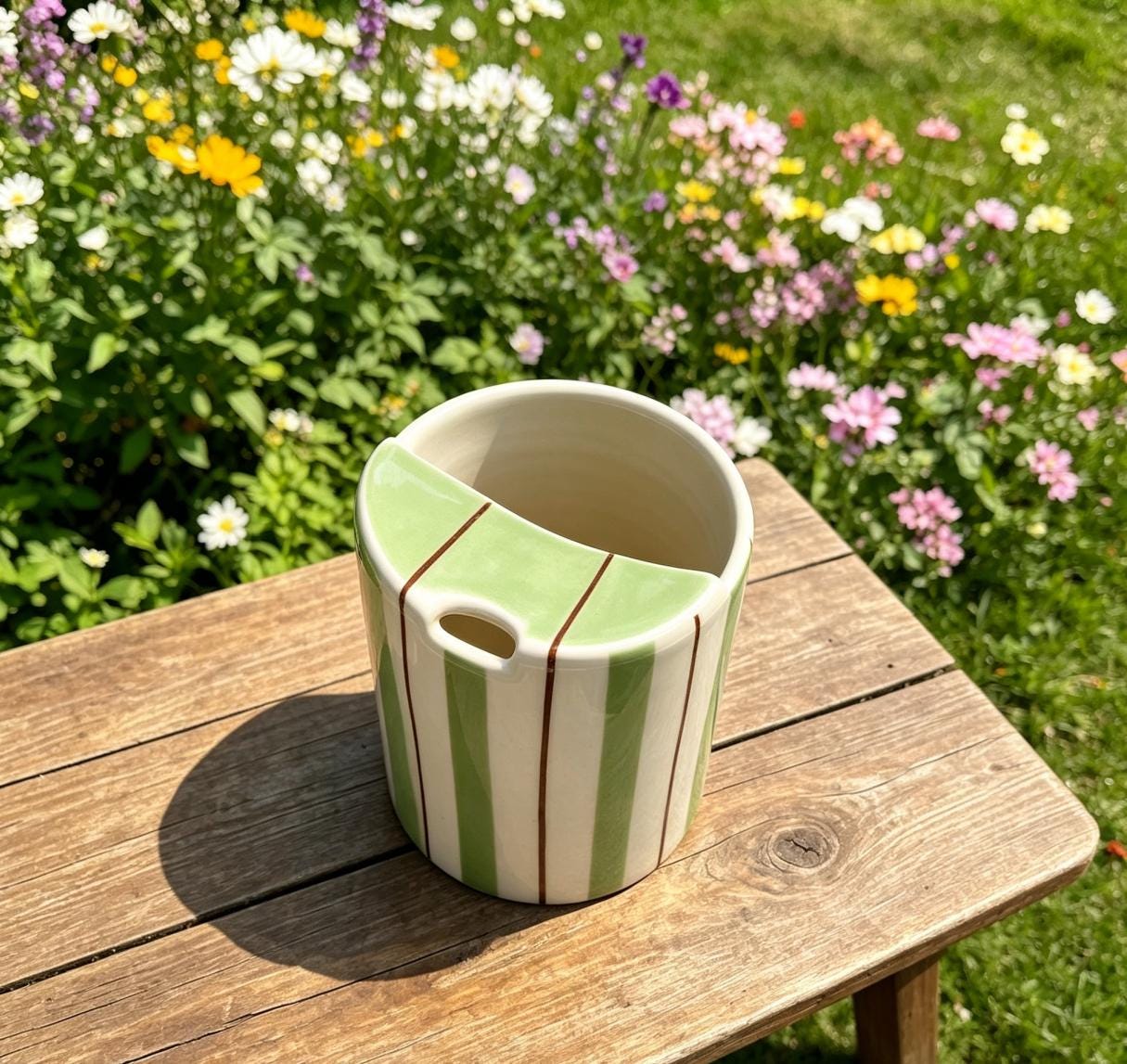Handmade Ceramic Travel Mug with Spout – Striped Coffee Tumbler, Leak-Free Sip Cup, Unique Gift for Her