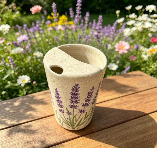 Lavender Ceramic Travel Mug with Spout – Handmade Floral Coffee Tumbler, Leak-Free Sip Cup, Gift for Her