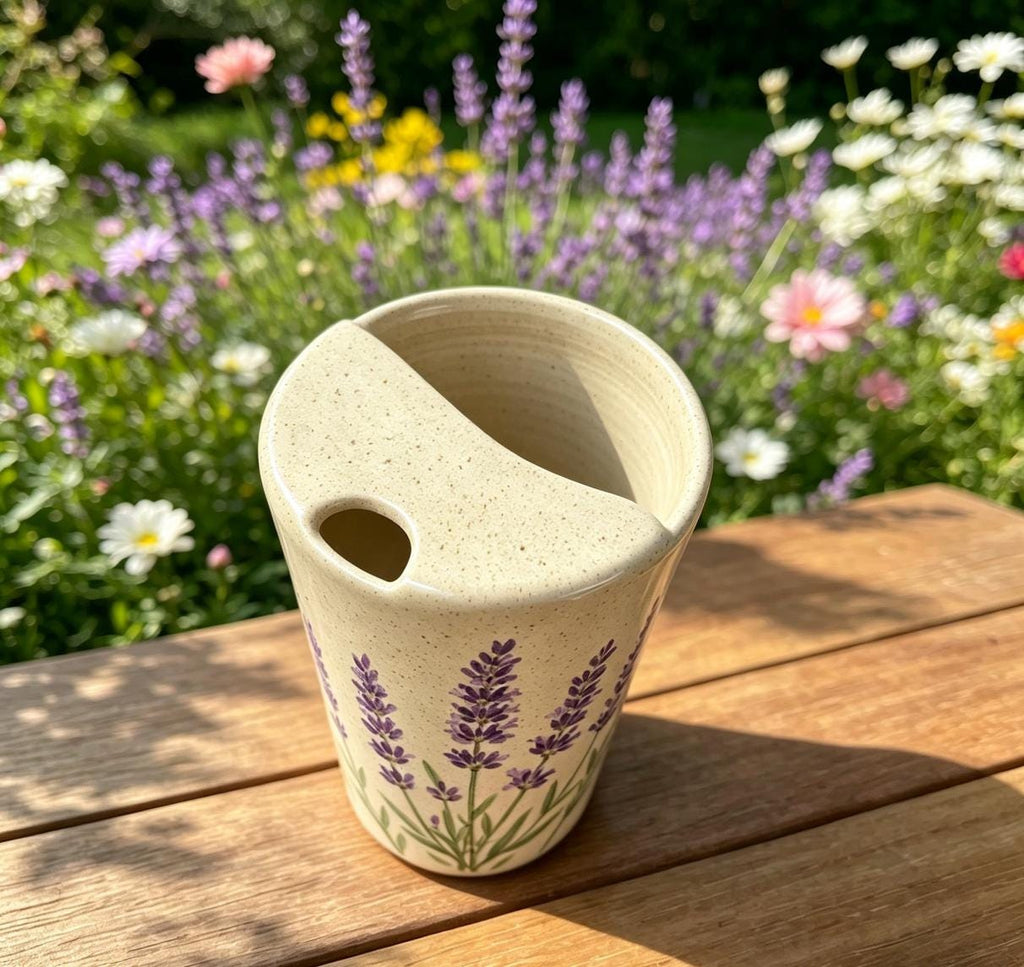Lavender Ceramic Travel Mug with Spout – Handmade Floral Coffee Tumbler, Leak-Free Sip Cup, Gift for Her