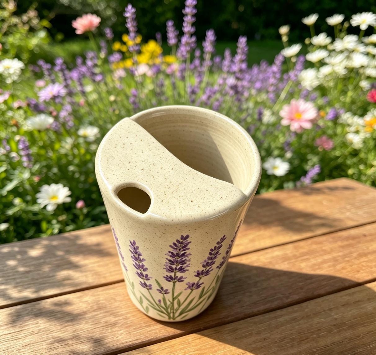 Lavender Ceramic Travel Mug with Spout – Handmade Floral Coffee Tumbler, Leak-Free Sip Cup, Gift for Her