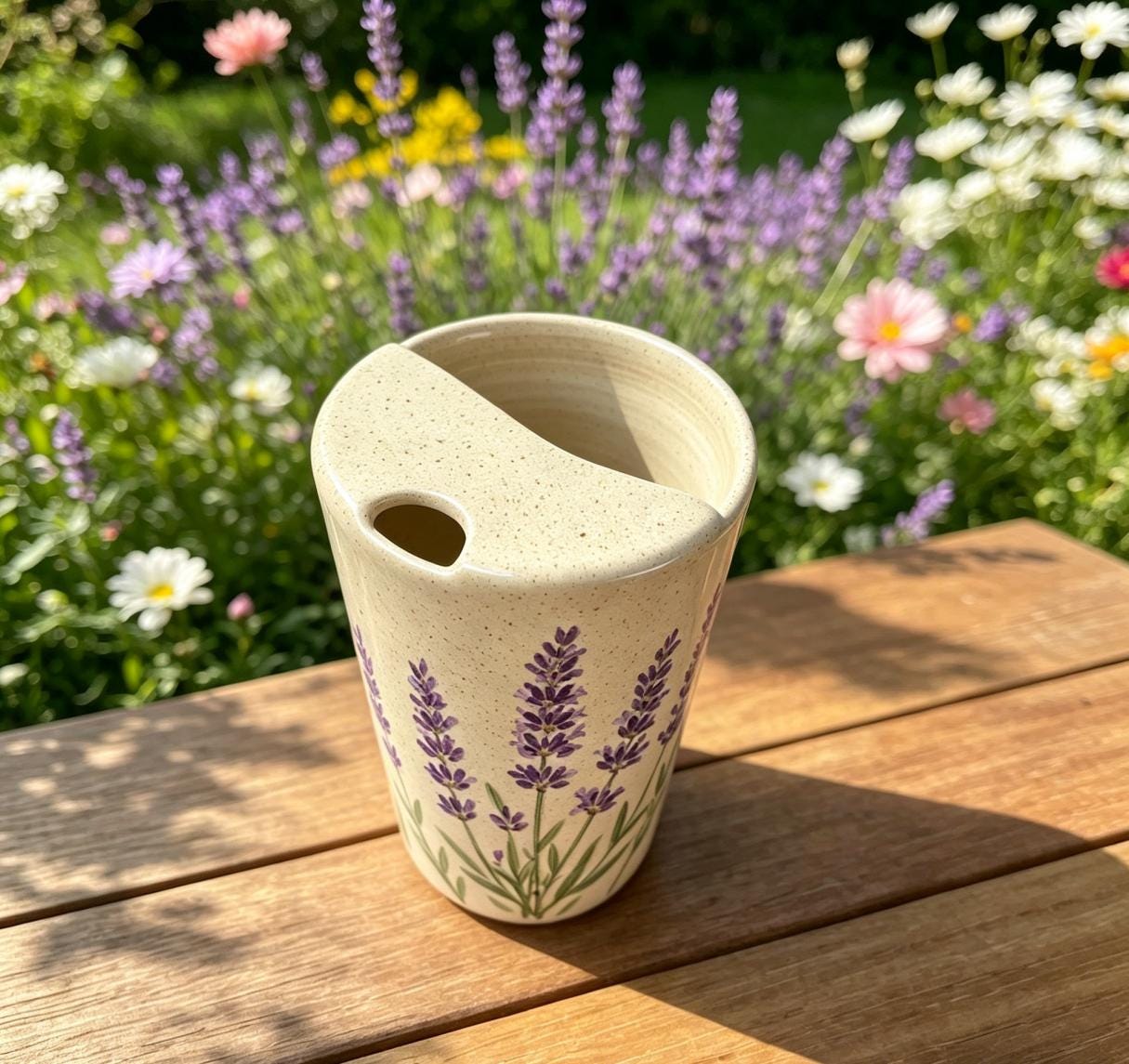 Lavender Ceramic Travel Mug with Spout – Handmade Floral Coffee Tumbler, Leak-Free Sip Cup, Gift for Her