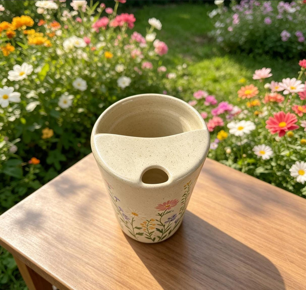 Wildflower Ceramic Travel Mug with Spout – Handmade Floral Coffee Tumbler, Leak-Free Sip Cup, Gift for Her