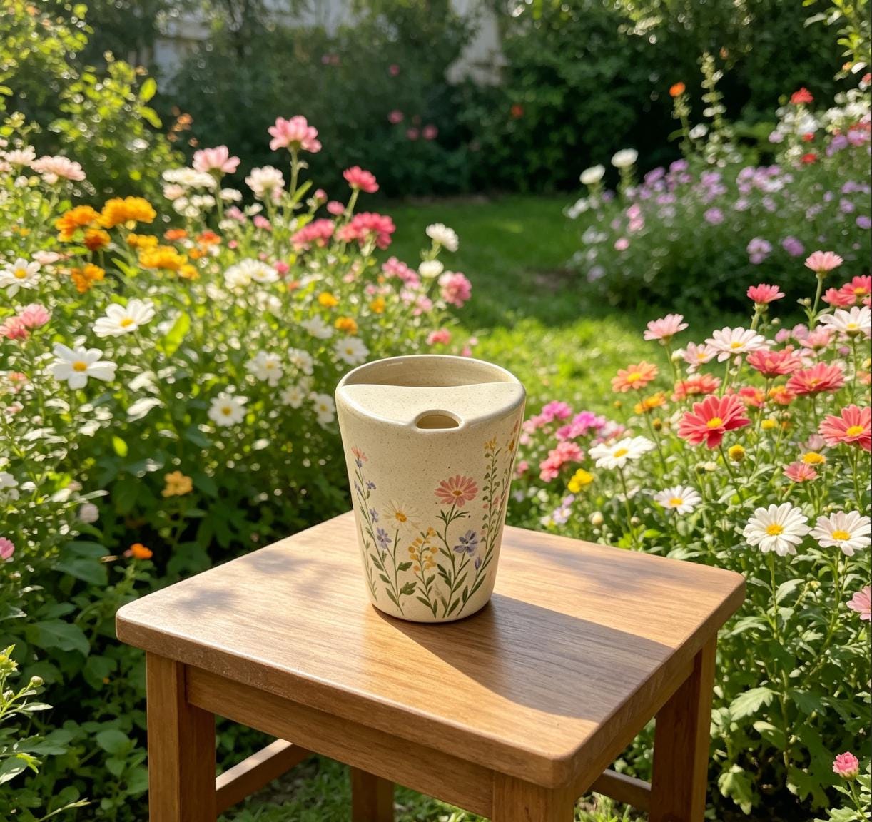 Wildflower Ceramic Travel Mug with Spout – Handmade Floral Coffee Tumbler, Leak-Free Sip Cup, Gift for Her
