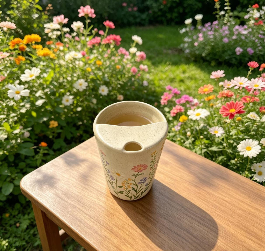 Wildflower Ceramic Travel Mug with Spout – Handmade Floral Coffee Tumbler, Leak-Free Sip Cup, Gift for Her
