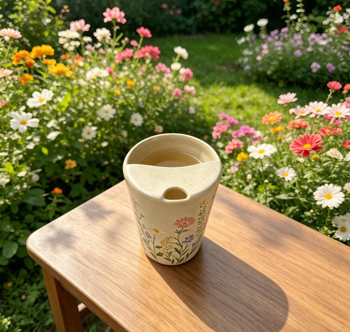 Wildflower Ceramic Travel Mug with Spout – Handmade Floral Coffee Tumbler, Leak-Free Sip Cup, Gift for Her