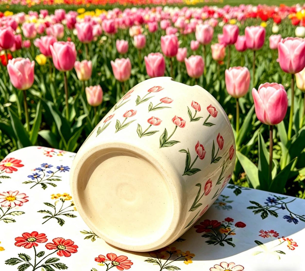 Tulip Floral Ceramic Travel Mug with Spout – Handmade Coffee Tumbler, Leak-Free Sip Cup, Aesthetic Gift for Her