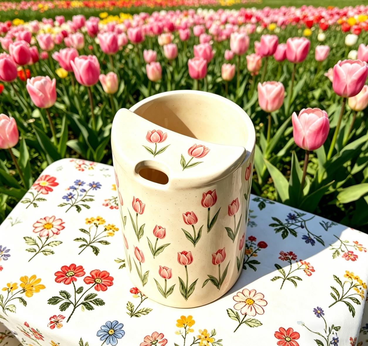 Tulip Floral Ceramic Travel Mug with Spout – Handmade Coffee Tumbler, Leak-Free Sip Cup, Aesthetic Gift for Her