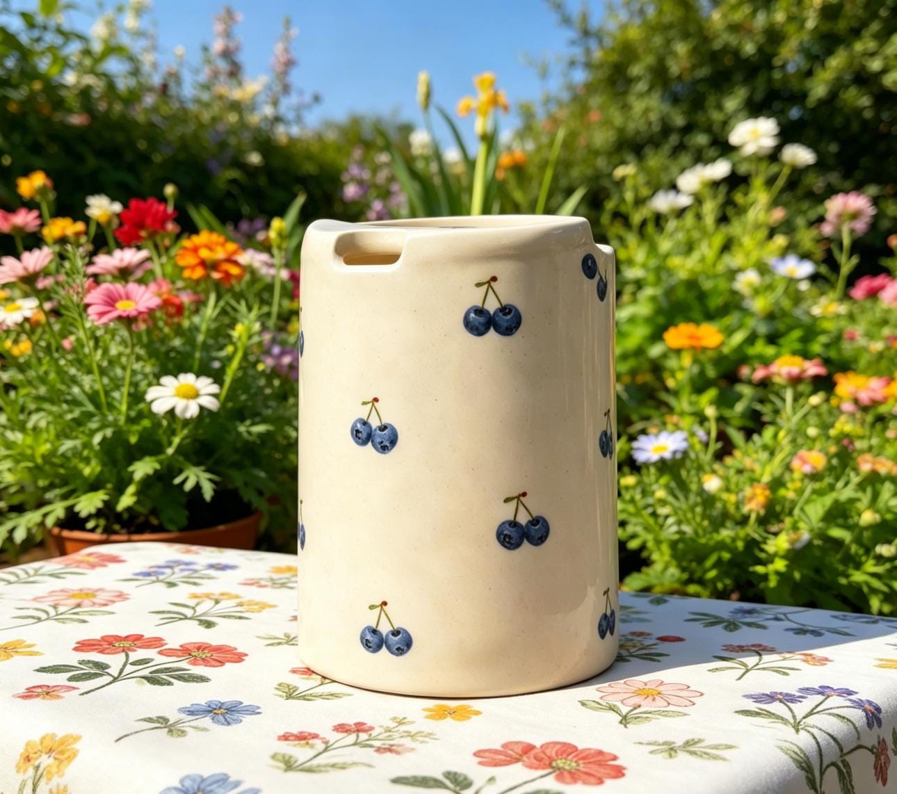 Cherry Print Ceramic Travel Mug with Spout – Handmade Coffee Tumbler, Leak-Free Sip Cup, Cute Gift for Her