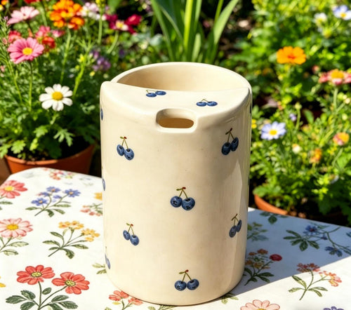Cherry Print Ceramic Travel Mug with Spout – Handmade Coffee Tumbler, Leak-Free Sip Cup, Cute Gift for Her