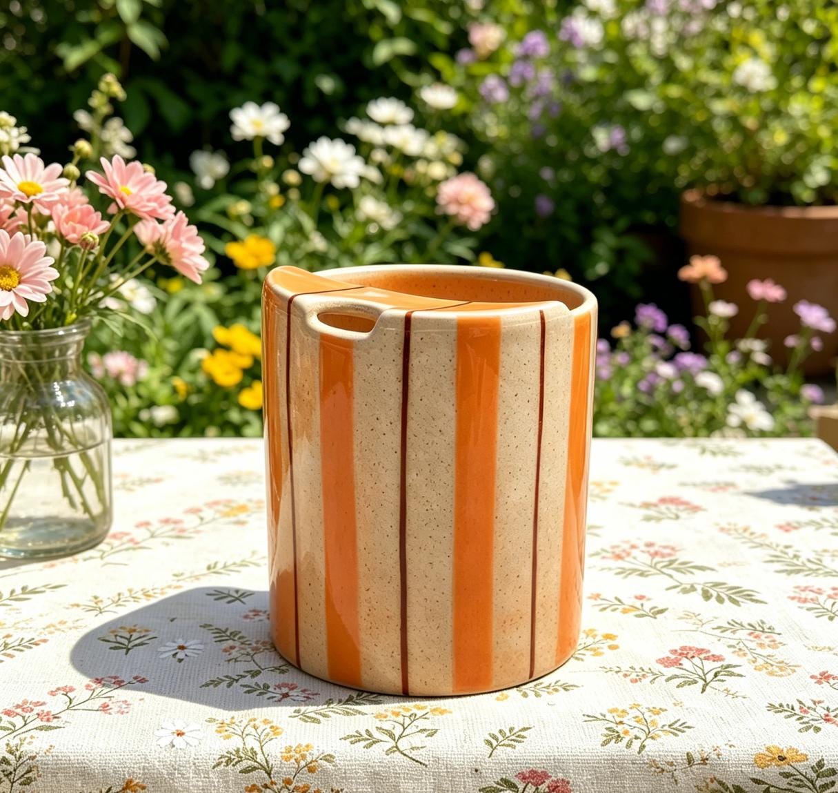 Striped Ceramic Travel Mug – Handmade Coffee Tumbler, Leak-Free Sip Cup, Minimalist Aesthetic Mug Gift