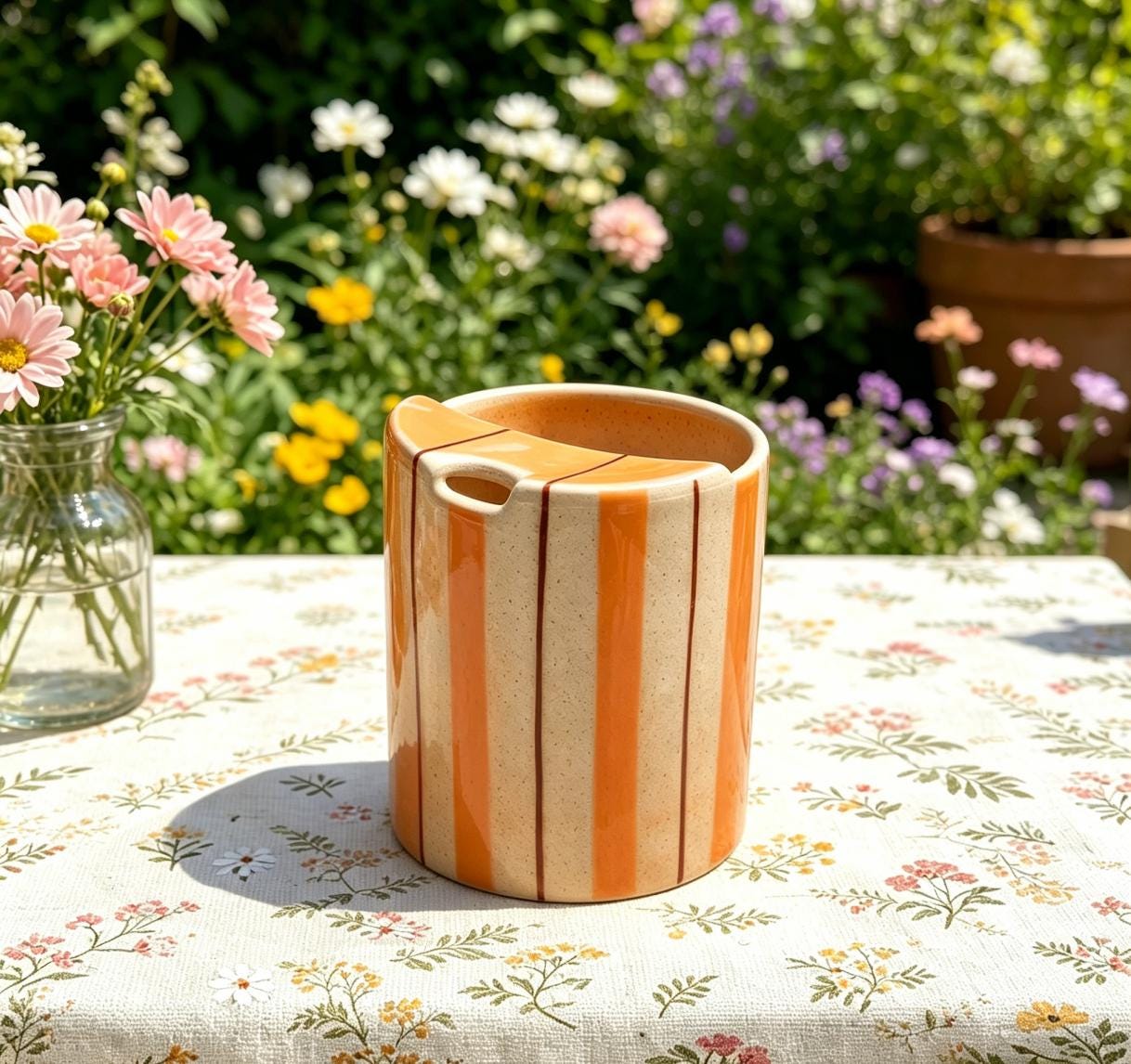 Striped Ceramic Travel Mug – Handmade Coffee Tumbler, Leak-Free Sip Cup, Minimalist Aesthetic Mug Gift