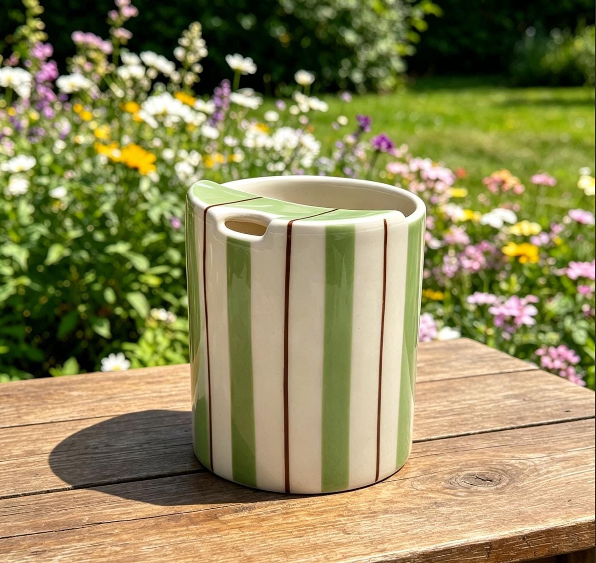 Handmade Ceramic Travel Mug with Spout – Striped Coffee Tumbler, Leak-Free Sip Cup, Unique Gift for Her