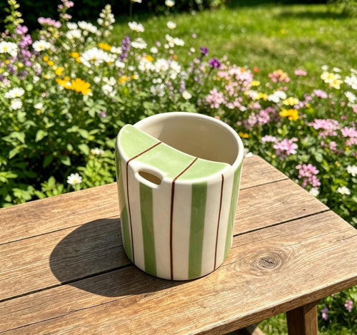 Handmade Ceramic Travel Mug with Spout – Striped Coffee Tumbler, Leak-Free Sip Cup, Unique Gift for Her