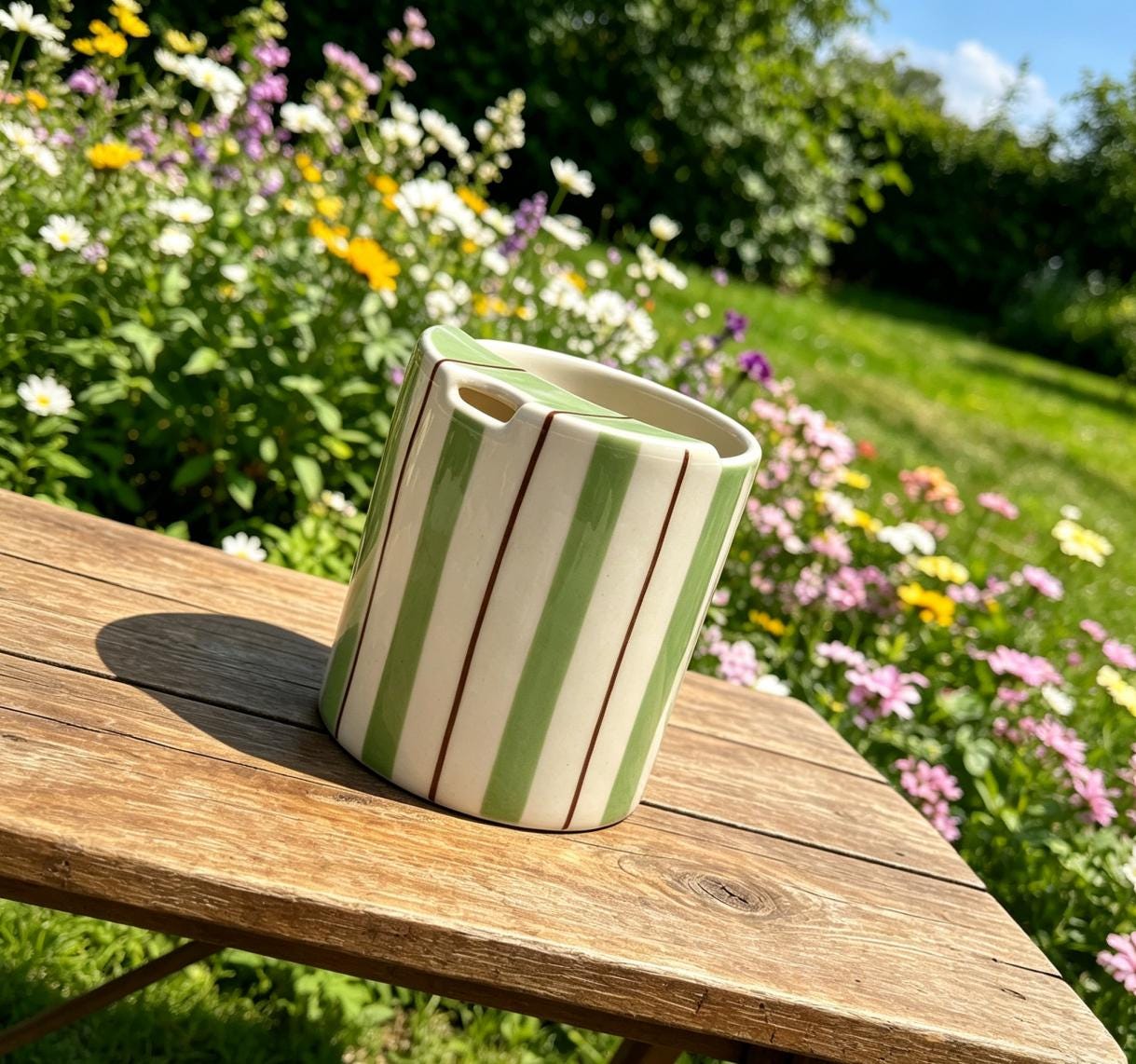 Handmade Ceramic Travel Mug with Spout – Striped Coffee Tumbler, Leak-Free Sip Cup, Unique Gift for Her