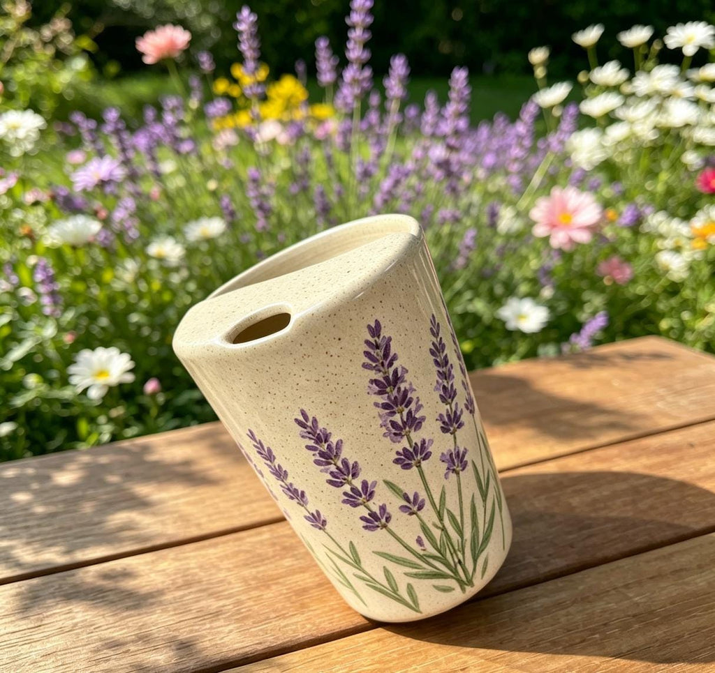 Lavender Ceramic Travel Mug with Spout – Handmade Floral Coffee Tumbler, Leak-Free Sip Cup, Gift for Her