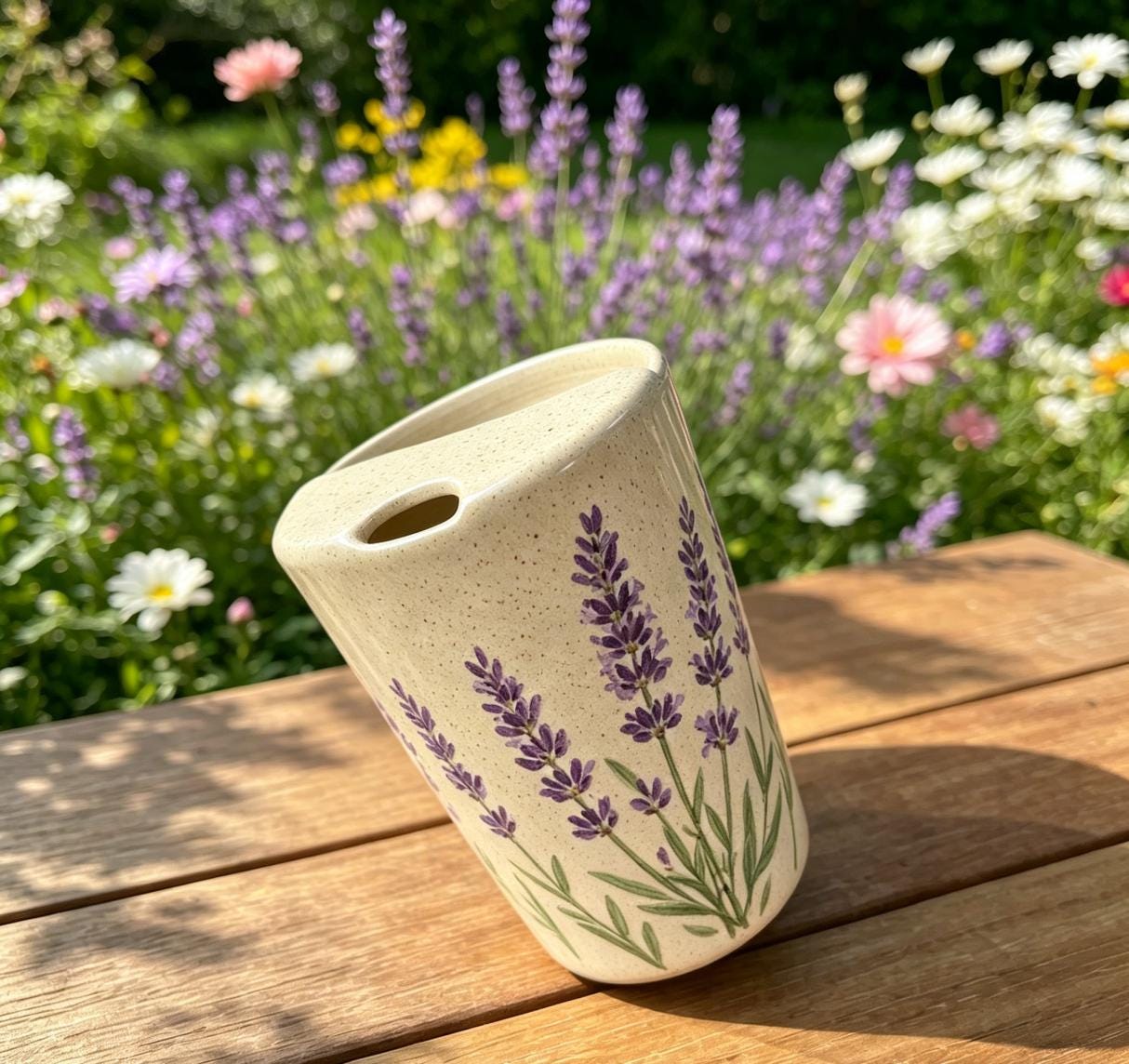 Lavender Ceramic Travel Mug with Spout – Handmade Floral Coffee Tumbler, Leak-Free Sip Cup, Gift for Her