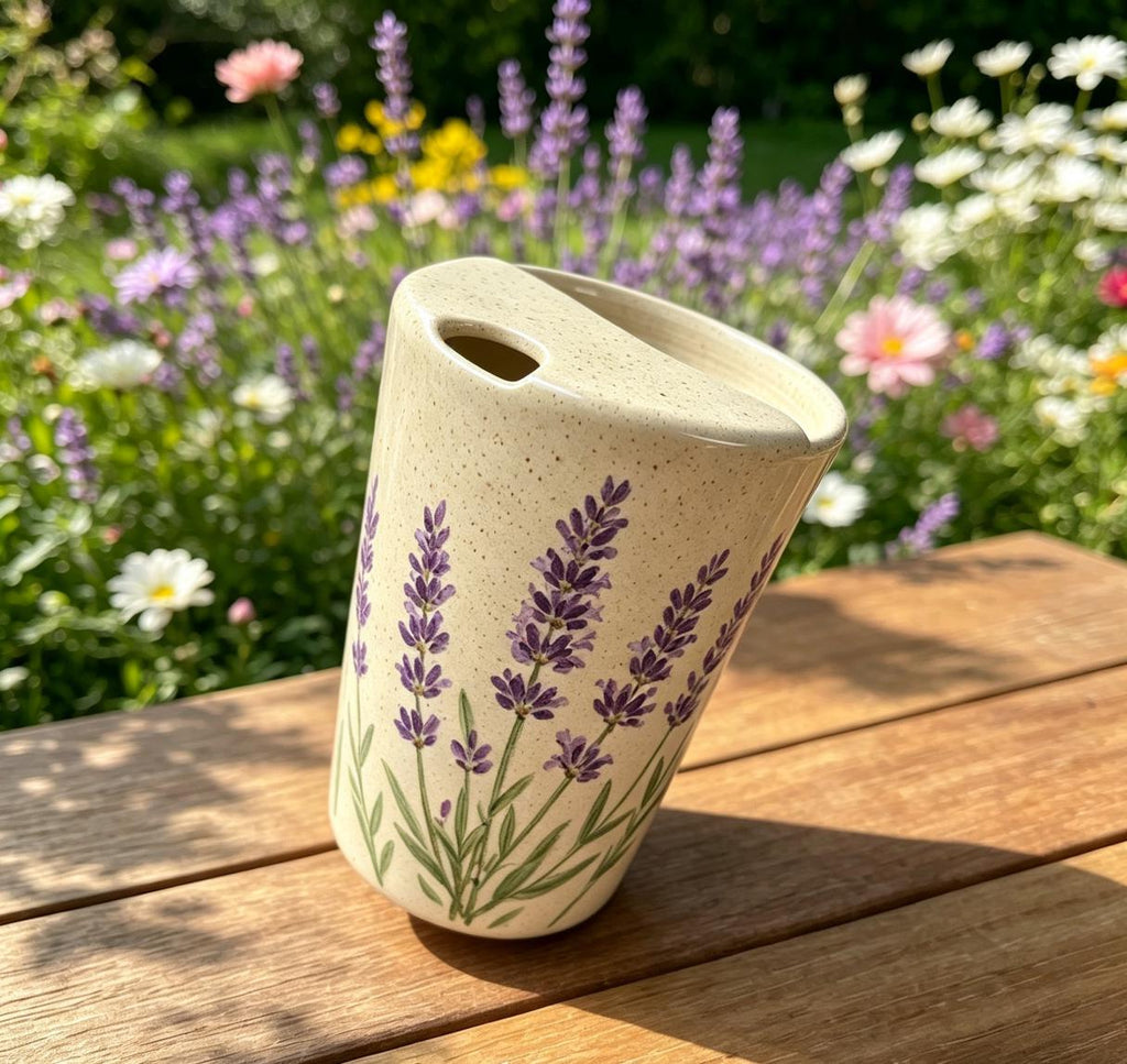 Lavender Ceramic Travel Mug with Spout – Handmade Floral Coffee Tumbler, Leak-Free Sip Cup, Gift for Her