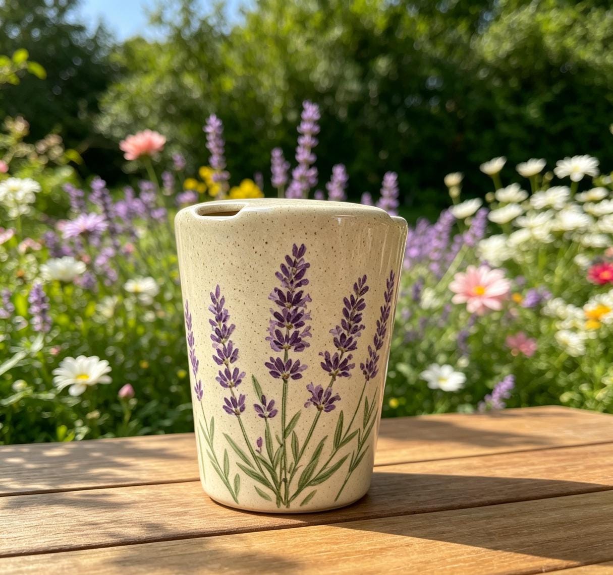 Lavender Ceramic Travel Mug with Spout – Handmade Floral Coffee Tumbler, Leak-Free Sip Cup, Gift for Her