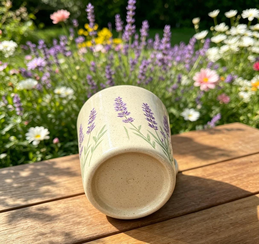 Lavender Ceramic Travel Mug with Spout – Handmade Floral Coffee Tumbler, Leak-Free Sip Cup, Gift for Her